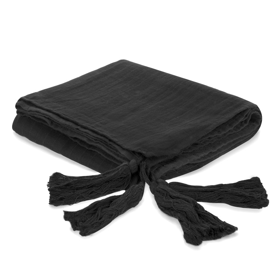 Organic Cotton Muslin Xl Throw Blanket - Onyx Tassels