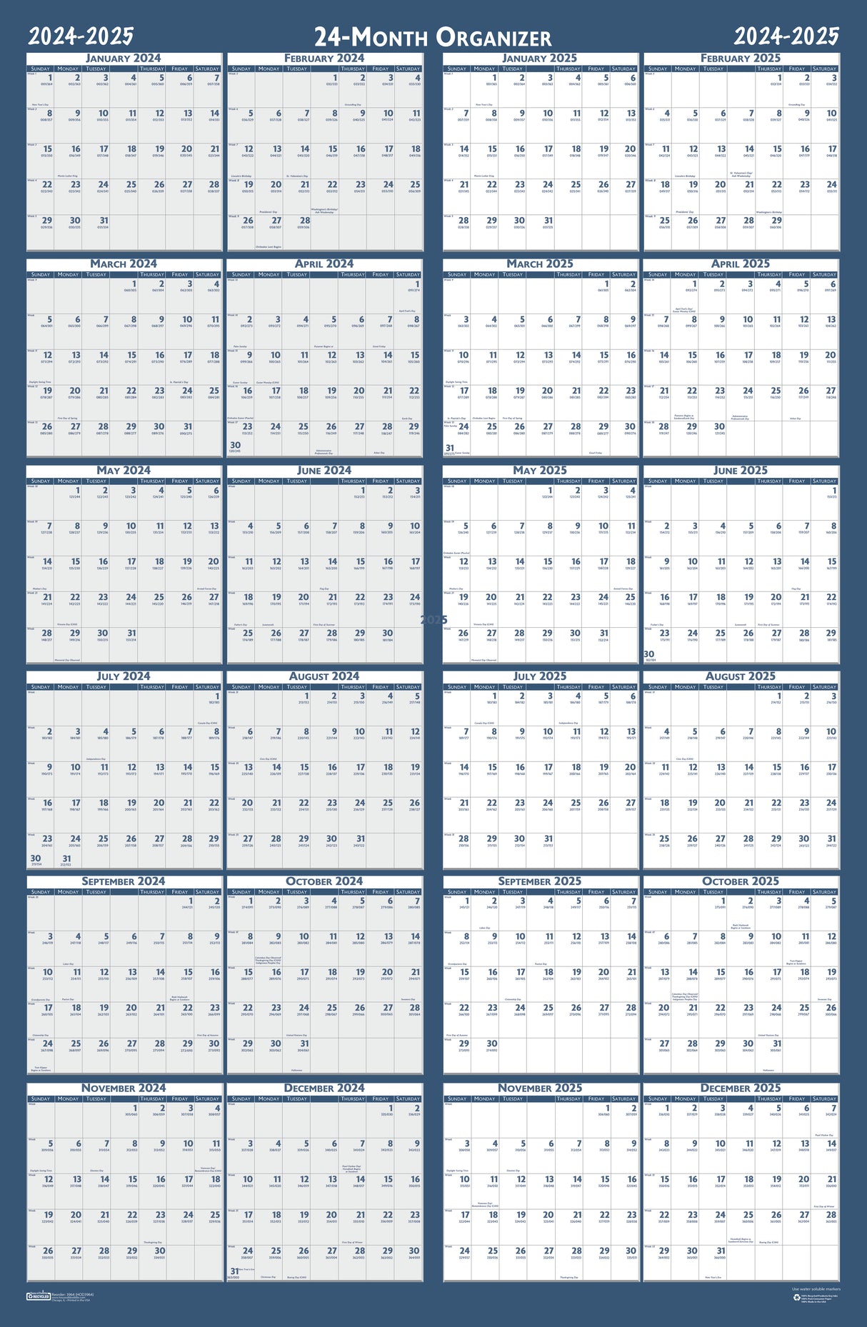 House of Doolittle (HOD3964) Laminated Wipe Off Wall Calendar Two Year Classic Reversible 24 x 37 Inches