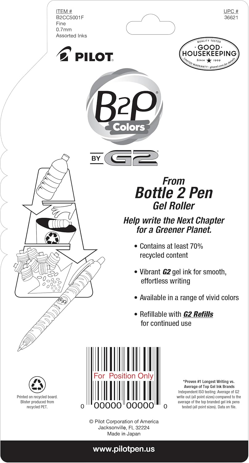 B2P Bottle-2-Pen Recycled Gel Pen, Retractable, Fine 0.7 mm, Assorted Ink and Barrel Colors, 5/Pack