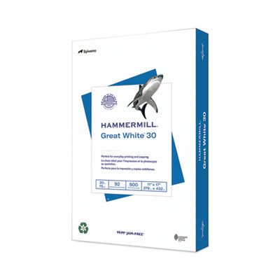 Hammermill Great White 30 Recycled Print Paper, 92 Bright, 20 lb Bond Weight, 11 x 17, White, 500/Ream
