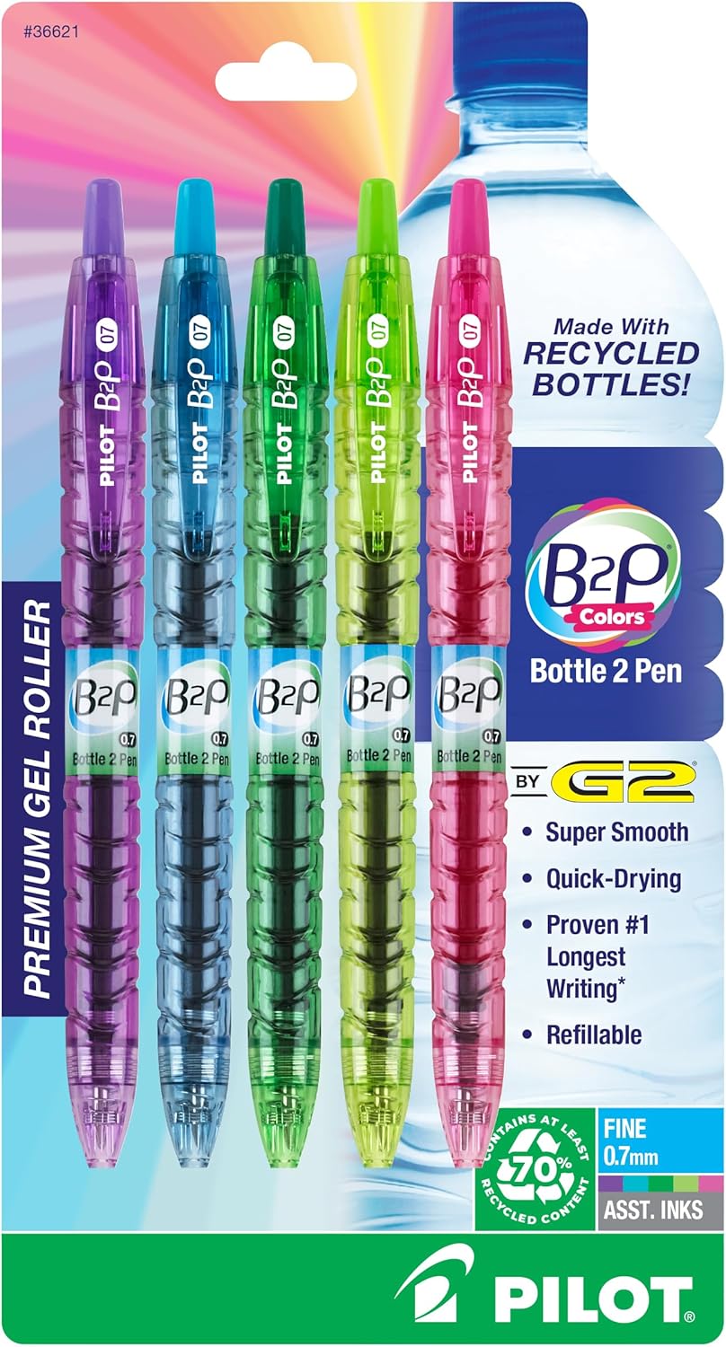 B2P Bottle-2-Pen Recycled Gel Pen, Retractable, Fine 0.7 mm, Assorted Ink and Barrel Colors, 5/Pack