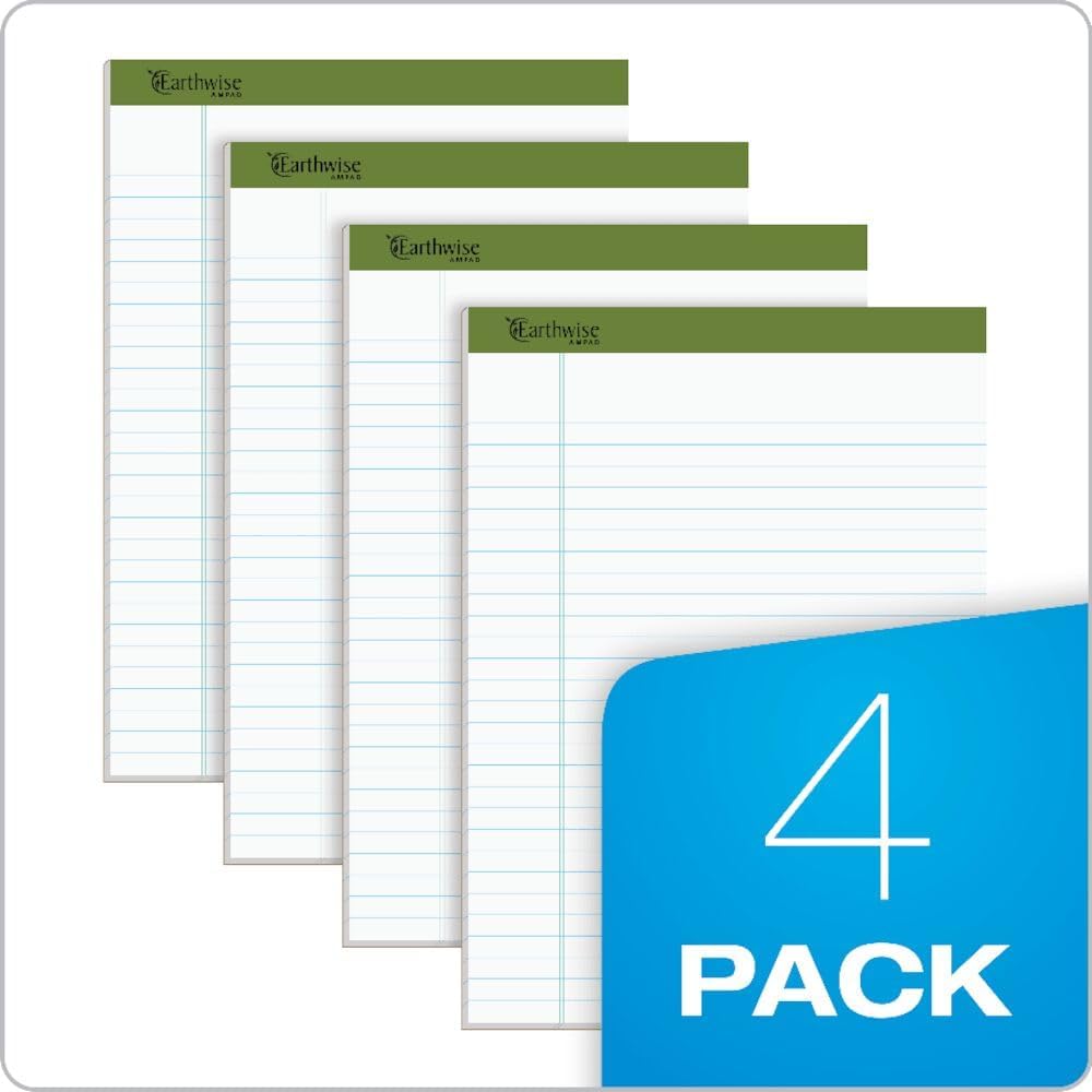 Earthwise by Ampad Recycled Writing Pad, Wide/Legal Rule, Politex Sand Headband, 40 White 8.5 x 11.75 Sheets, 4/Pack
