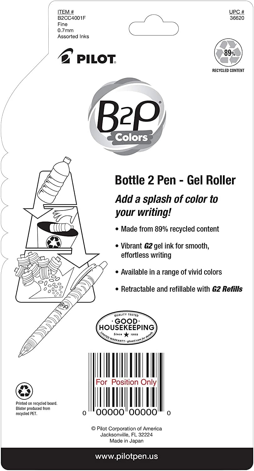 B2P Bottle-2-Pen Recycled Gel Pen, Retractable, Fine 0.7 mm, Assorted Ink and Barrel Colors, 4/Pack