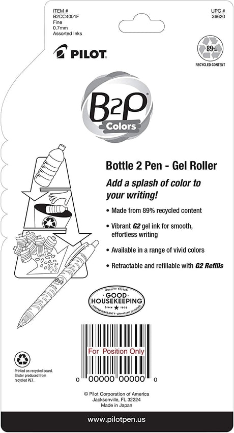 B2P Bottle-2-Pen Recycled Gel Pen, Retractable, Fine 0.7 mm, Assorted Ink and Barrel Colors, 4/Pack