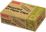 Acco Recycled Paper Clips, #1, Smooth, Silver, 100 Clips/Box, 10 Boxes/Pack