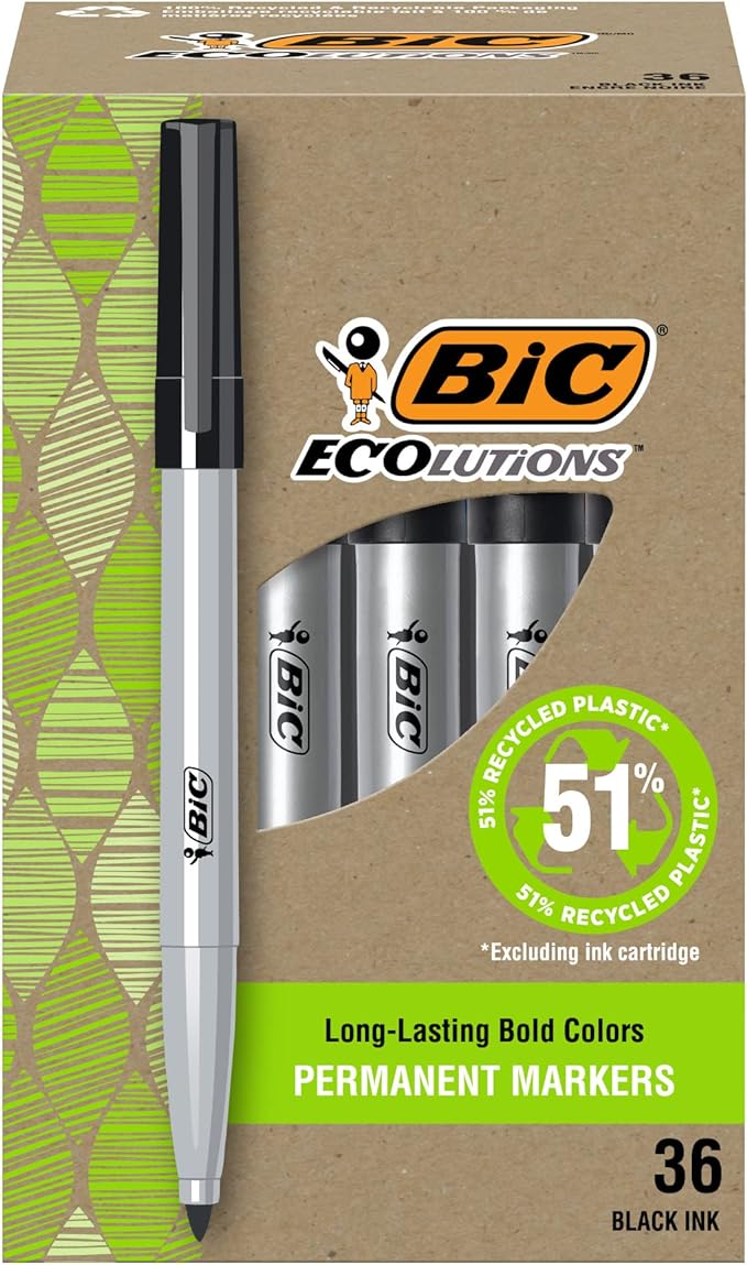 BIC Ecolutions Black Ink Permanent Markers, Fine Bullet Tip, 36-Count Pack