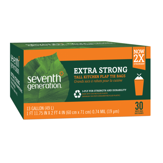 Seventh Generation Extra Strong Tall Kitchen Flap Tie 13 gallon Trash Bags 30 count