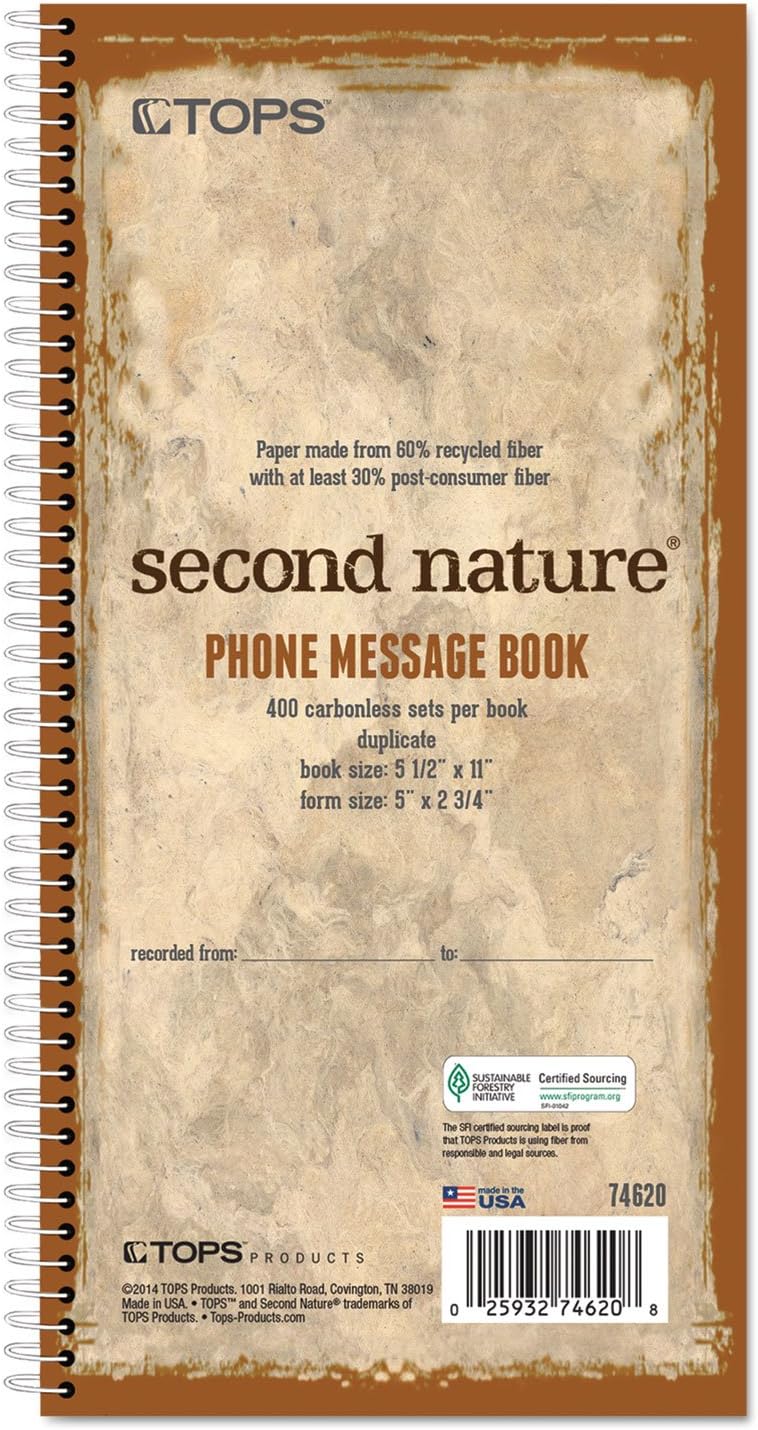 Second Nature Phone Call Book, Two-Part Carbonless, 5 x 2.75, 4 Forms/Sheet, 400 Forms Total