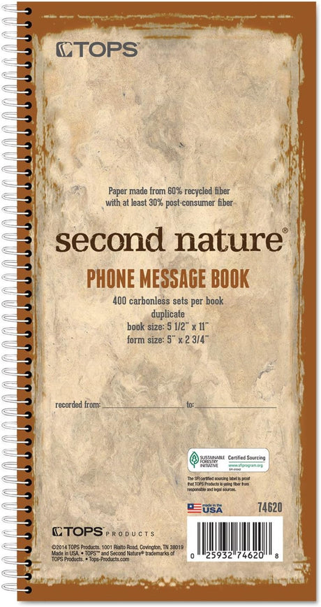 Second Nature Phone Call Book, Two-Part Carbonless, 5 x 2.75, 4 Forms/Sheet, 400 Forms Total