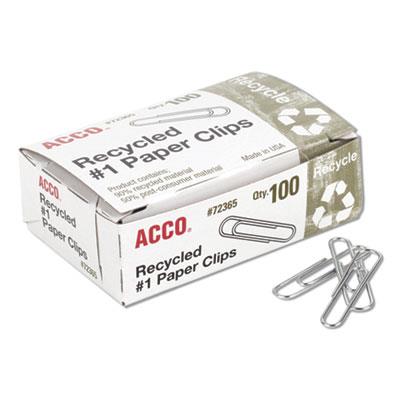 Acco Recycled Paper Clips, #1, Smooth, Silver, 100 Clips/Box, 10 Boxes/Pack